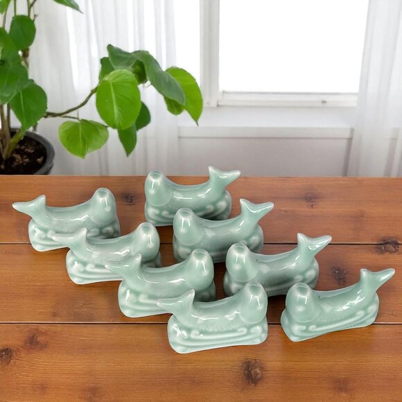 Knife Chopstick Rests Ceramic Lot Of 8 Celadon Green Koi Fish Waves Chop Stick - Picture 1 of 9